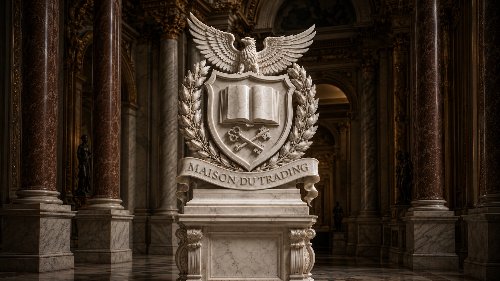 Das Wappen der Maison Du Trading aus Marmor in einer prunkvollen Halle
